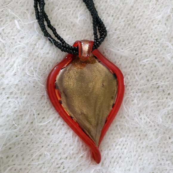 Red & Gold Lampwork Glass Beaded Chain Necklace - Picture 3 of 9